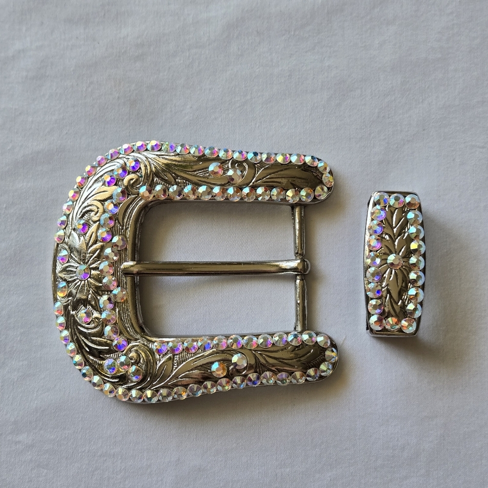 Elegant Silver Tone & Rhinestone Buckle Set